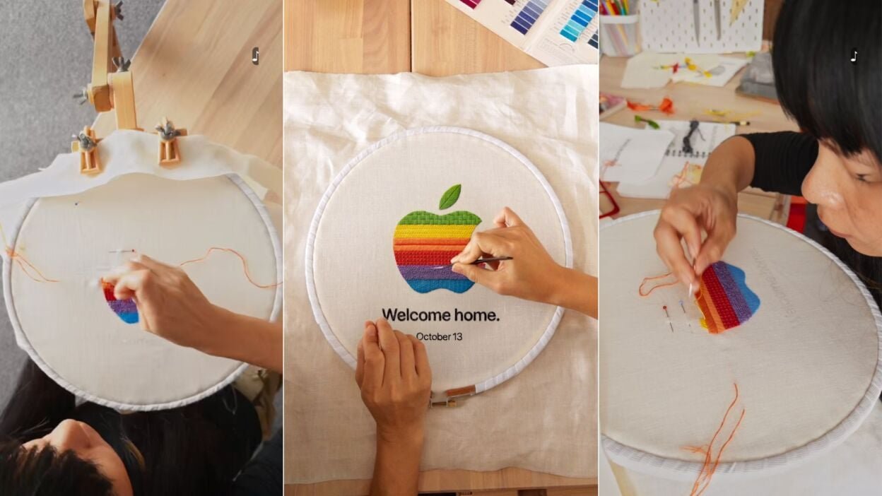 collage of photos showing woman stitching apple logo and 